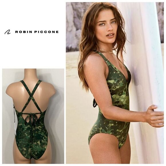 New. Robin Piccone Army camouflage plunge swimsuit. Regularly $168. Size 8 - Picture 1 of 14